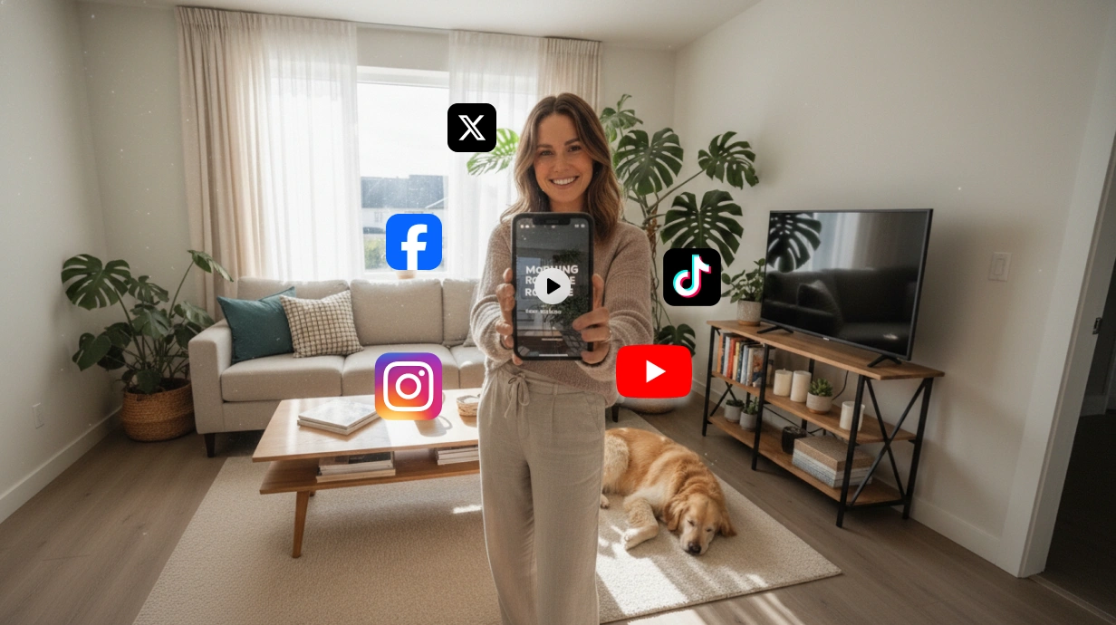 una joven de pie en la sala de estar con cinco iconos de plataformas de redes sociales